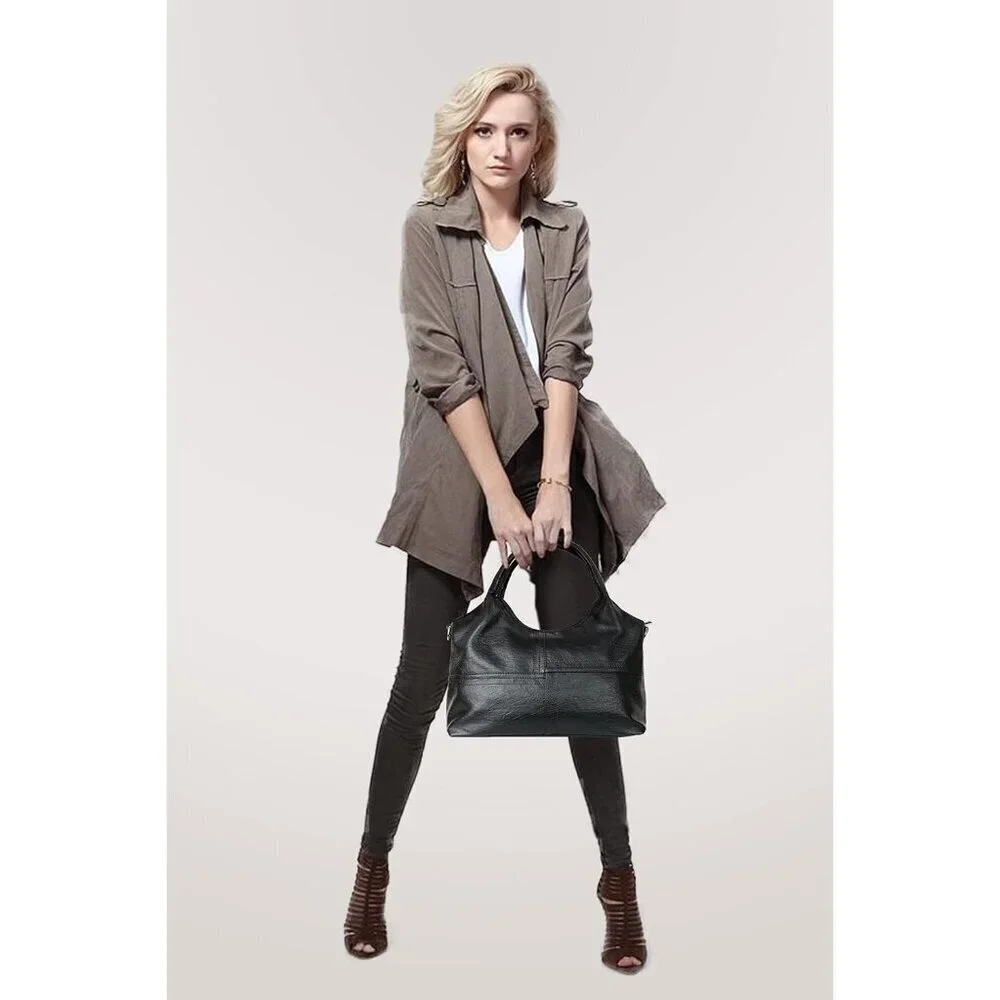 Women's Black Vegan Leather Purse Detachable Satchel Strap Hobo Bags